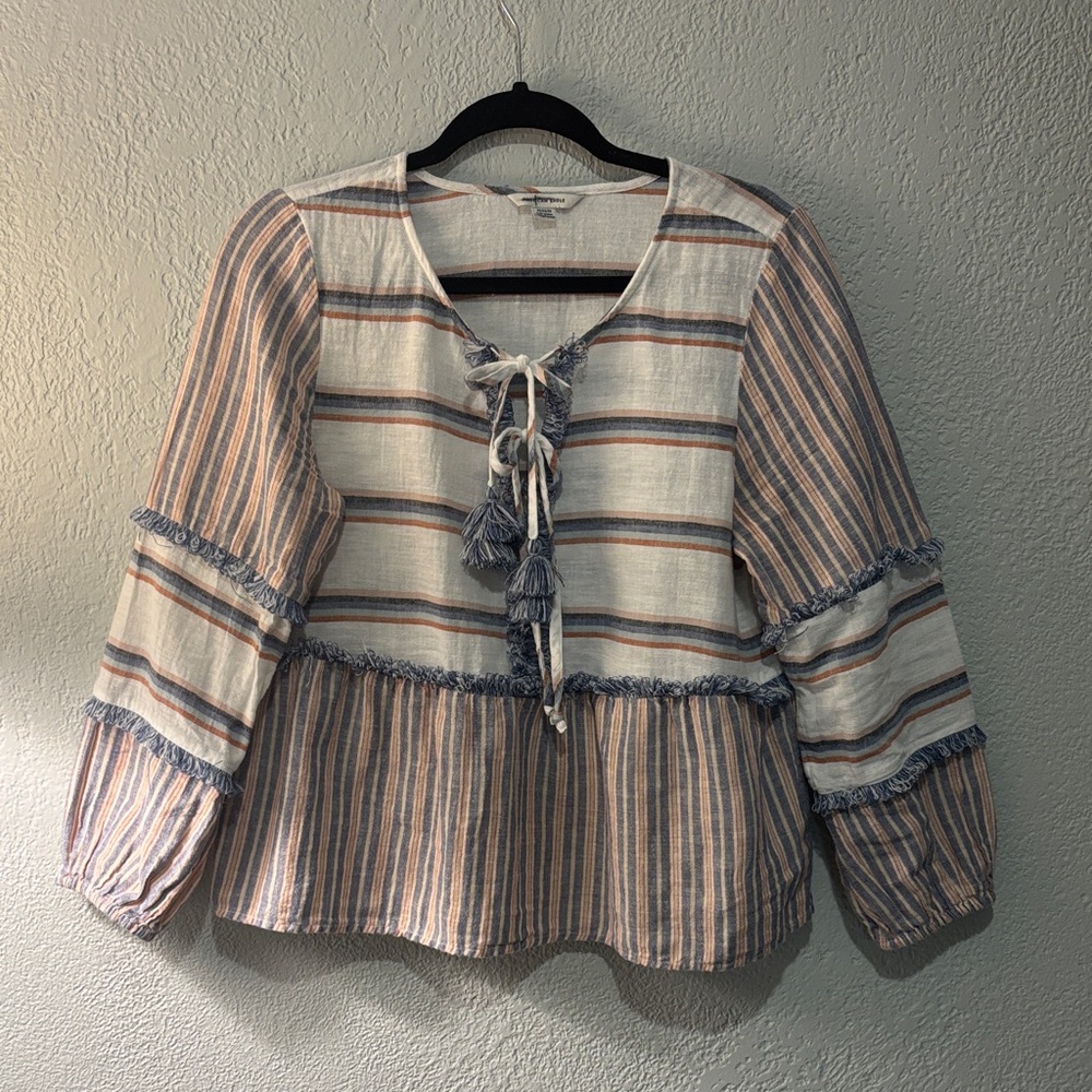 Striped Tassel Tie Women's Top - Picture 2 of 4